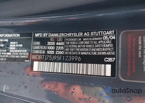 2005 Mercedes-Benz Clk 500 from USA, damaged, VIN WDBTJ75J95F123996